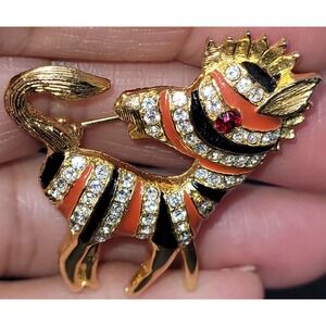 Zebra Brooch Enamel Rhinestone Animal Pin Gold Tone Orange Stripe
